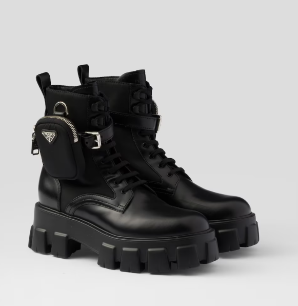 Prada Monolith leather and recycled nylon military boots with decorative pouch